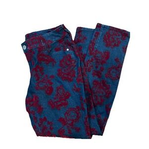 Decree Super Skinny Mid Rise Denim Red Velvet Floral Boho Festival Jeans Size 13